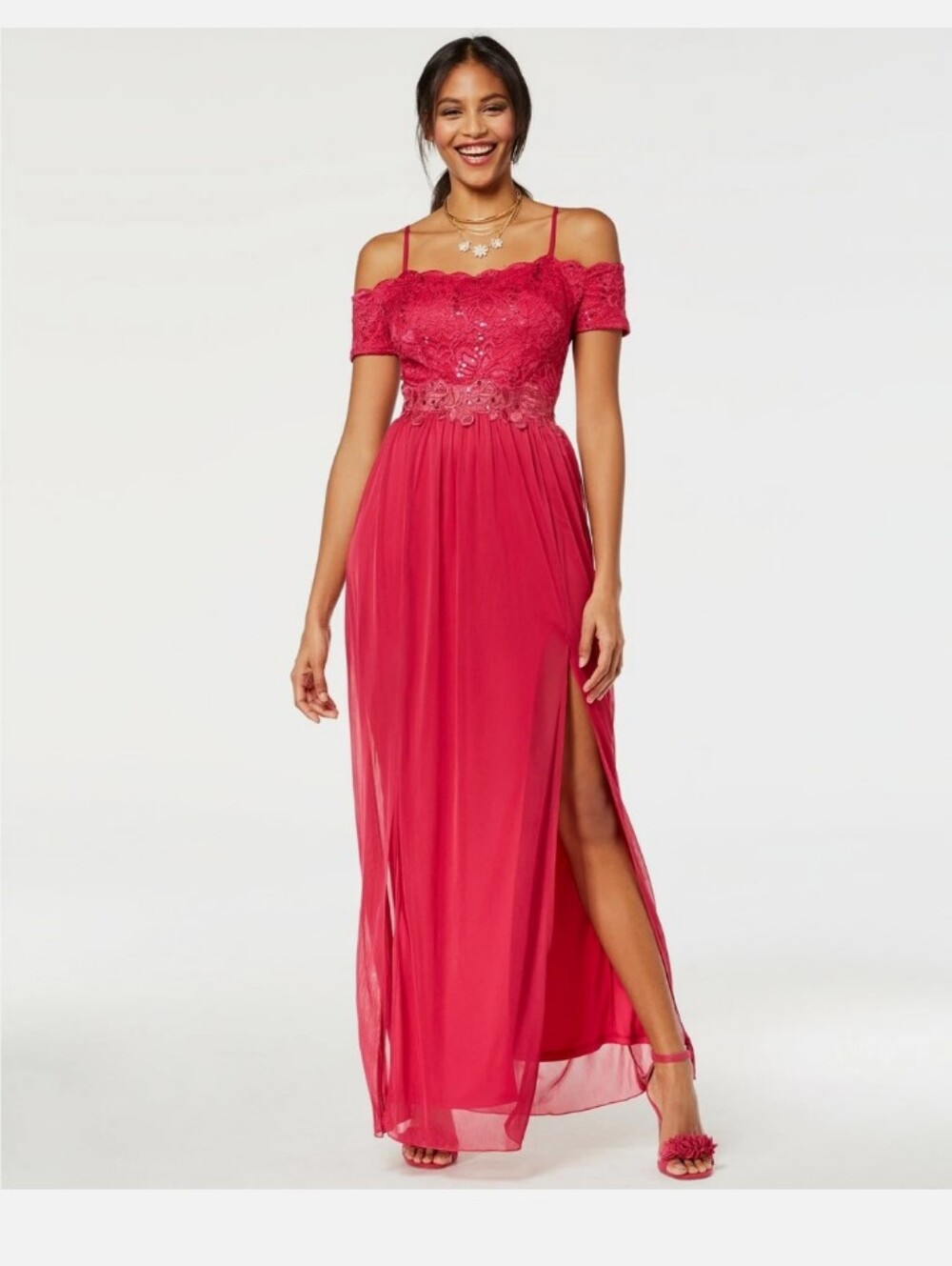 🌁 NWT: BCX; FUSHIA PINK SEQUIN/LACE OFF-SHOULDER SLIT MAXI PROM DRESS/SZ: 5.
